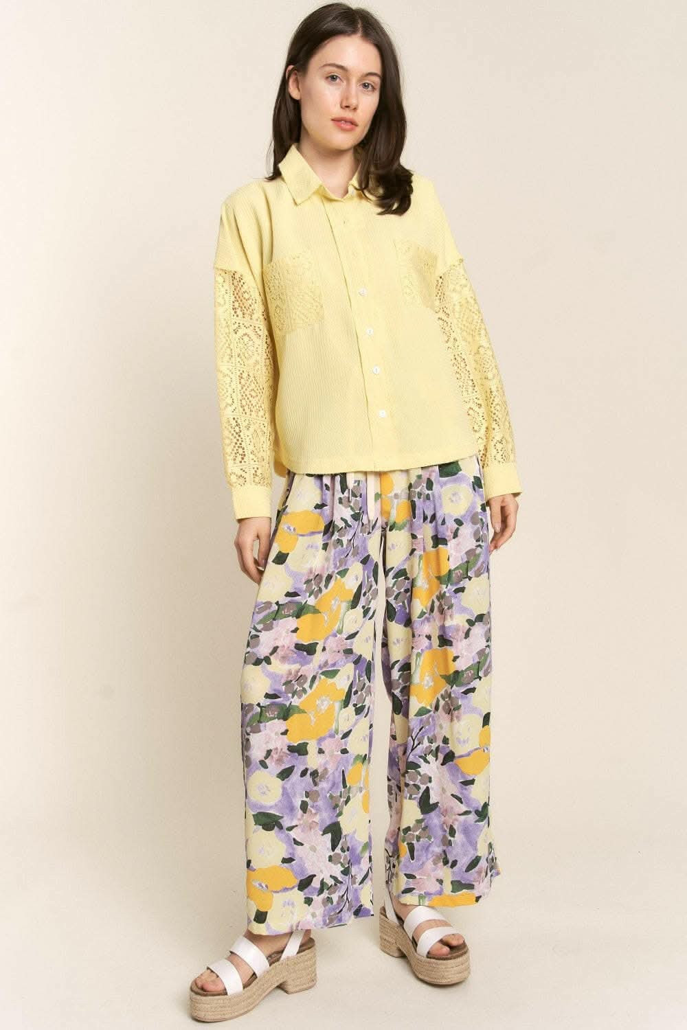 J.NNA Button Down Lace Long Sleeve Waffle Shirt - Love Salve